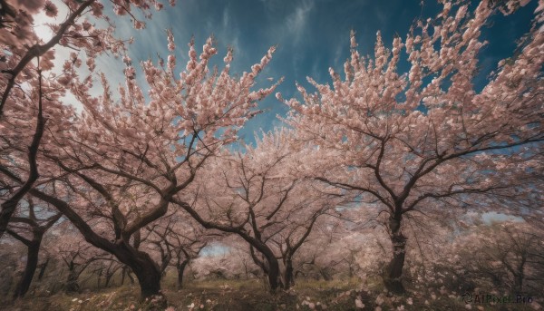 outdoors, sky, day, cloud, tree, blue sky, no humans, grass, cherry blossoms, nature, scenery, reflection, landscape