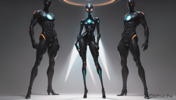 1girl,breasts,looking at viewer,red eyes,medium breasts,standing,full body,multiple boys,wings,2boys,high heels,orange eyes,bodysuit,muscular,glowing,abs,3boys,helmet,muscular male,glowing eyes,skin tight,science fiction,bulge,arms at sides,black bodysuit,latex,neon trim,multiple girls,2girls,weapon,sword,holding weapon,no humans,holding sword,muscular female,power suit