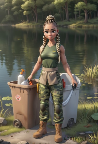 1girl,solo,long hair,breasts,looking at viewer,blush,smile,blonde hair,brown hair,shirt,holding,bare shoulders,brown eyes,medium breasts,closed mouth,standing,collarbone,full body,braid,small breasts,boots,outdoors,sleeveless,pants,water,hair bun,black eyes,twin braids,tree,lips,military,bare arms,brown footwear,tank top,bottle,grass,nature,hair over shoulder,forehead,forest,rock,green shirt,camouflage,river,green pants,lily pad,tent,camouflage pants,black hair,multicolored hair,dark skin,uniform,dark-skinned female,military uniform,helmet,bucket,facepaint,undercut,dirty,dreadlocks