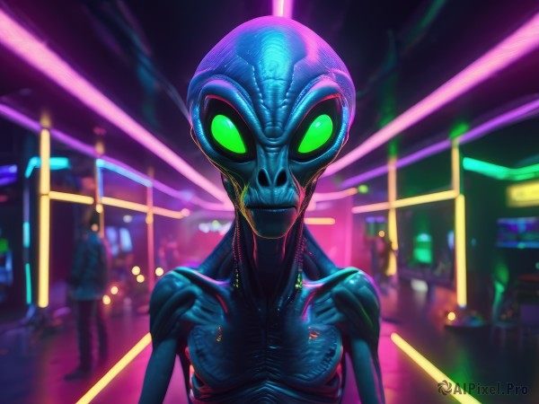 1girl,solo,looking at viewer,green eyes,upper body,solo focus,blurry,bodysuit,mask,blurry background,glowing,glowing eyes,science fiction,monster,alien,neon lights,breasts,night,skin tight,city,superhero