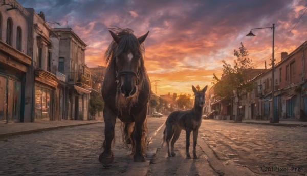 outdoors, sky, cloud, tree, no humans, animal, building, scenery, sunset, city, road, power lines, lamppost, horse, street, pavement, vanishing point