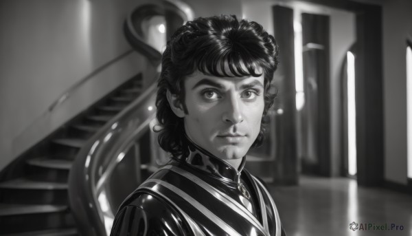 solo,looking at viewer,short hair,bangs,1boy,closed mouth,monochrome,upper body,greyscale,male focus,indoors,blurry,blurry background,portrait,science fiction,curly hair,realistic,animification,shiny,serious,nose,hair behind ear