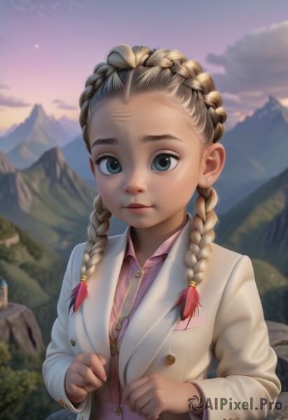 1girl,solo,long hair,looking at viewer,blue eyes,blonde hair,shirt,long sleeves,jewelry,closed mouth,green eyes,jacket,upper body,braid,earrings,outdoors,open clothes,sky,collared shirt,artist name,cloud,necklace,blurry,twin braids,lips,coat,buttons,depth of field,blurry background,white jacket,hair over shoulder,forehead,freckles,pink shirt,sunset,mountain,unbuttoned,female child,stud earrings,mountainous horizon,multiple braids,red hair,multicolored hair,signature,eyelashes,gradient hair,watermark,thick eyebrows,clenched hands,realistic,nose