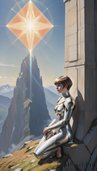 1girl,solo,breasts,short hair,brown hair,full body,weapon,small breasts,outdoors,sky,day,shiny,cloud,from side,lips,kneeling,bodysuit,makeup,sunlight,grass,skin tight,lens flare,science fiction,rock,mountain,sun,very short hair,ruins,cyborg,bangs,brown eyes,profile,squatting,bob cut,nose,against wall,sunrise