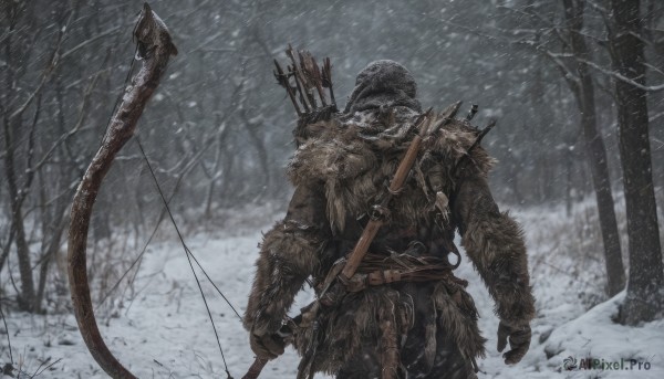 solo,gloves,long sleeves,1boy,hat,holding,standing,weapon,male focus,outdoors,belt,sword,hood,from behind,holding weapon,armor,tree,coat,fur trim,helmet,sheath,nature,snow,1other,brown gloves,hood up,forest,sheathed,bow (weapon),snowing,arrow (projectile),winter,holding bow (weapon),bare tree,quiver,weapon on back,fur,ambiguous gender