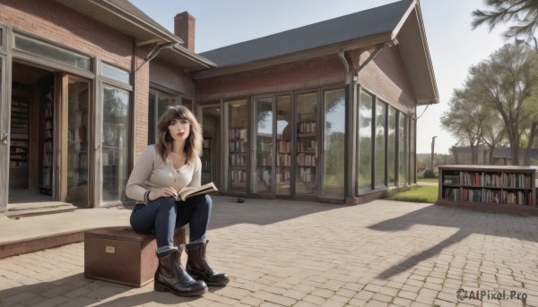 1girl,solo,long hair,breasts,smile,open mouth,bangs,large breasts,brown hair,shirt,black hair,long sleeves,holding,cleavage,brown eyes,medium breasts,sitting,white shirt,boots,outdoors,sky,glasses,day,pants,tree,book,window,shadow,looking away,brown footwear,sunlight,denim,building,box,scenery,holding book,jeans,open book,bookshelf,reading,ankle boots,road,bench,hand on own head,house,lamppost,jewelry,collarbone,parted lips,teeth,medium hair,necklace,black footwear,arm up,blue sky,lips,upper teeth only,grass,plant,sign,realistic,blue pants,red lips,potted plant,white sweater,wide shot,shading eyes,storefront