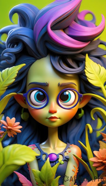 1girl,solo,long hair,looking at viewer,blue eyes,bare shoulders,jewelry,blue hair,collarbone,upper body,purple hair,flower,multicolored hair,earrings,glasses,pointy ears,lips,eyelashes,makeup,colored skin,leaf,plant,lipstick,monster girl,pink flower,eyeshadow,green background,multicolored eyes,green skin,yellow skin,plant girl,black hair,pink hair,artist name,two-tone hair,messy hair,curly hair