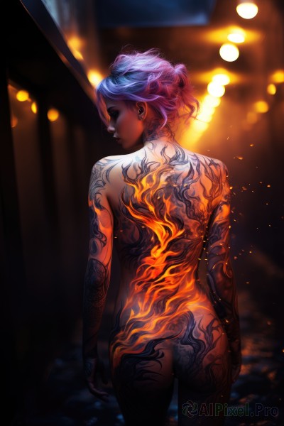 1girl,solo,looking at viewer,short hair,blue eyes,jewelry,blue hair,standing,purple hair,ass,nude,cowboy shot,earrings,looking back,dark skin,from behind,blurry,dark-skinned female,tattoo,night,depth of field,blurry background,back,fire,arm tattoo,back tattoo,full-body tattoo,completely nude,piercing