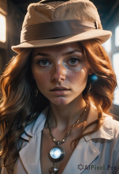 1girl,solo,long hair,breasts,looking at viewer,brown hair,shirt,hat,cleavage,brown eyes,jewelry,medium breasts,collarbone,white shirt,upper body,earrings,parted lips,teeth,necklace,mole,blurry,lips,eyelashes,blurry background,wavy hair,pendant,freckles,curly hair,hoop earrings,realistic,nose,brown headwear,body freckles,portrait,backlighting