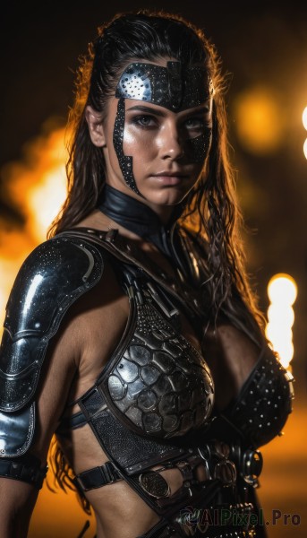 1girl,solo,long hair,breasts,looking at viewer,large breasts,black hair,cleavage,medium breasts,closed mouth,upper body,armor,blurry,black eyes,lips,grey eyes,blurry background,headband,shoulder armor,pauldrons,breastplate,realistic,nose,forehead protector,gorget,weapon,eyepatch,genderswap,genderswap (mtf)