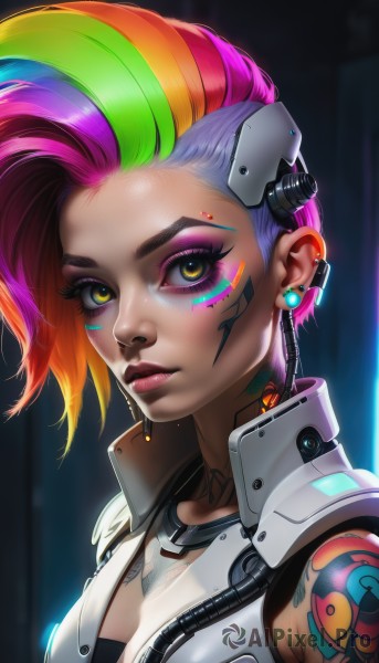 1girl,solo,breasts,looking at viewer,short hair,cleavage,jewelry,medium breasts,closed mouth,yellow eyes,upper body,pink hair,purple hair,multicolored hair,earrings,green hair,sleeveless,artist name,orange hair,two-tone hair,lips,streaked hair,eyelashes,tattoo,makeup,headgear,piercing,lipstick,ear piercing,portrait,eyeshadow,science fiction,asymmetrical hair,pink lips,nose,red lips,stud earrings,eyeliner,undercut,cyborg,mascara,cyberpunk,rainbow hair,blonde hair,green eyes,jacket,web address,multicolored eyes,cable,facepaint