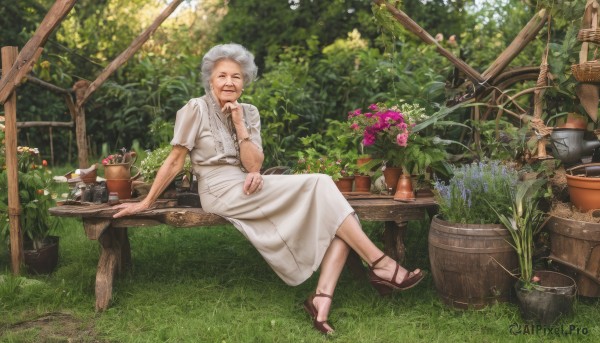 1girl,solo,looking at viewer,smile,short hair,dress,jewelry,sitting,flower,white hair,short sleeves,grey hair,outdoors,day,white dress,bracelet,tree,sandals,crossed legs,grass,plant,nature,realistic,fence,basket,potted plant,bench,hand on own chin,old,old man,flower pot,watering can,old woman,garden,hand on lap,table,ring,bug,cigarette,smoking