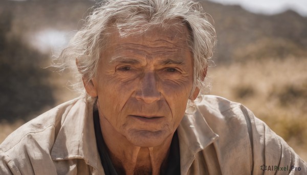 solo,looking at viewer,short hair,shirt,1boy,closed mouth,jacket,upper body,white hair,male focus,outdoors,collared shirt,blurry,grey eyes,black shirt,depth of field,blurry background,portrait,realistic,manly,old,old man,wrinkled skin,grey hair,signature,black eyes,lips,facial hair,scar,beard,scar on face