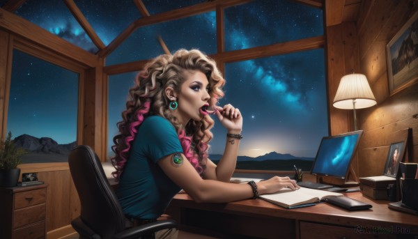 1girl,solo,long hair,open mouth,blue eyes,blonde hair,brown hair,shirt,holding,jewelry,sitting,pink hair,short sleeves,multicolored hair,earrings,frills,sky,belt,cloud,indoors,signature,nail polish,bracelet,from side,two-tone hair,cup,lips,eyelashes,window,makeup,night,wavy hair,chair,phone,table,cellphone,blue shirt,plant,lipstick,t-shirt,star (sky),night sky,smartphone,desk,starry sky,curly hair,watch,realistic,nose,pen,wristwatch,potted plant,lamp,computer,photo (object),monitor,laptop,picture frame,mascara,stylus,tablet pc,drawing tablet,desk lamp,cactus,thick lips,necklace,mole,book,cosmetics