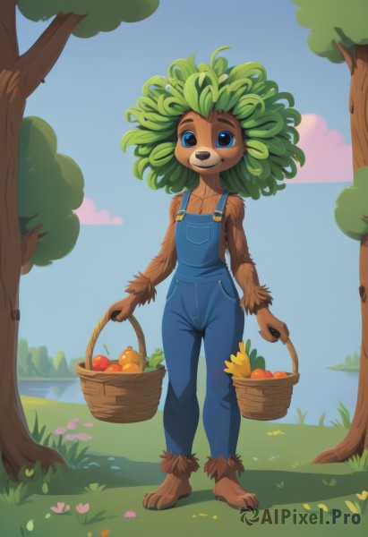 1girl,solo,looking at viewer,smile,open mouth,blue eyes,holding,animal ears,standing,full body,flower,:d,outdoors,food,green hair,sky,barefoot,teeth,day,artist name,cloud,dark skin,flat chest,dark-skinned female,tree,blue sky,fruit,happy,grass,monster girl,furry,furry female,apple,basket,overalls,body fur,animal nose,orange (fruit),holding basket,blue overalls,short hair,bare shoulders,closed mouth,collarbone,tail,medium hair,water,leaf,watermark,denim,brown fur,banana,two-tone fur,digitigrade