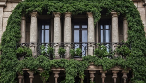 outdoors,sky,day,indoors,tree,no humans,window,plant,building,scenery,stairs,door,ruins,vines,pillar,arch,moss,overgrown,column,railing,bush,architecture,balcony,gate