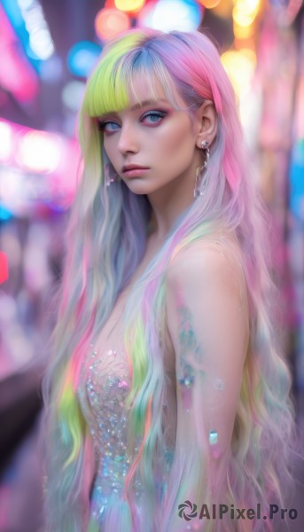 1girl,solo,long hair,breasts,looking at viewer,bangs,blue eyes,blonde hair,dress,bare shoulders,jewelry,closed mouth,blue hair,upper body,pink hair,multicolored hair,earrings,blunt bangs,blurry,from side,two-tone hair,lips,eyelashes,strapless,makeup,depth of field,blurry background,lipstick,strapless dress,eyeshadow,pink lips,realistic,nose,eyeliner,bokeh,colorful,mascara,rainbow hair,very long hair,nude,green hair,wavy hair