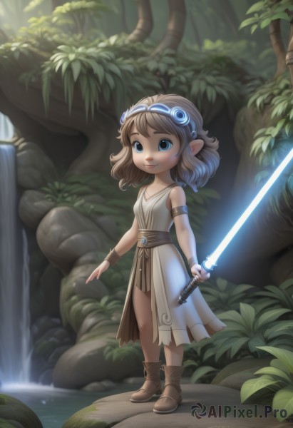 1girl,solo,smile,short hair,blue eyes,brown hair,dress,holding,jewelry,closed mouth,standing,full body,weapon,boots,outdoors,sleeveless,pointy ears,sword,water,holding weapon,bracelet,tree,glowing,watermark,brown footwear,plant,goggles,wristband,nature,armband,armlet,forest,goggles on head,fantasy,waterfall,energy sword,lightsaber,looking at viewer,belt,white dress,lips,leaf,rock