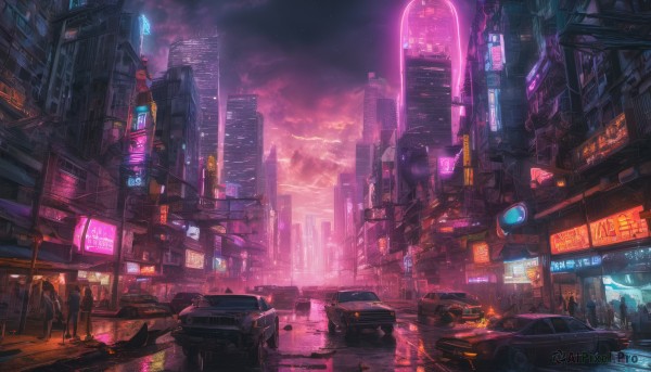 outdoors, multiple boys, sky, cloud, dutch angle, night, ground vehicle, building, scenery, motor vehicle, science fiction, 6+boys, city, sign, car, road, cityscape, street, skyscraper, city lights, cyberpunk, neon lights