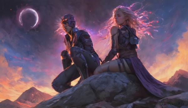 1girl,long hair,breasts,blonde hair,red eyes,1boy,bare shoulders,sitting,white hair,outdoors,parted lips,sky,cloud,armor,lips,makeup,night,floating hair,glowing,moon,helmet,looking up,wind,star (sky),glowing eyes,starry sky,sunset,mountain,crescent moon,cyborg,gloves,closed mouth,boots,pants,looking to the side,bodysuit,thigh strap,looking away,cloudy sky,science fiction,knee up,rock,fantasy,knee pads,looking afar,one knee,dusk