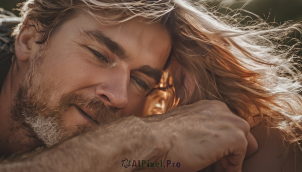 solo,long hair,looking at viewer,brown hair,1boy,closed mouth,white hair,male focus,facial hair,thick eyebrows,portrait,beard,close-up,mature male,realistic,mustache,old,old man,arm hair,wrinkled skin,smile,blonde hair,lying,manly