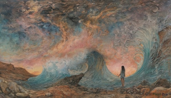 1girl,solo,long hair,shirt,black hair,long sleeves,standing,white shirt,outdoors,sky,shorts,barefoot,cloud,water,from behind,ocean,traditional media,cloudy sky,star (sky),scenery,starry sky,rock,mountain,horizon,facing away,painting (medium),watercolor (medium),wide shot,waves,skirt,artist name,watermark,moon,sunset