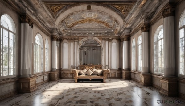 lying,day,indoors,tree,pillow,book,no humans,window,chair,table,sunlight,plant,scenery,couch,light rays,wooden floor,architecture,tile floor,pillar,statue,floor,carpet,church,arch,reflective floor,column,blurry,depth of field,blurry foreground,ceiling,chandelier