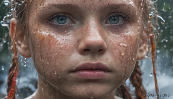 1girl, solo, looking at viewer, blue eyes, brown hair, closed mouth, braid, blurry, twin braids, lips, wet, eyelashes, portrait, close-up, freckles, rain, water drop, realistic, nose