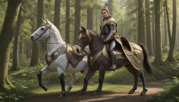 1girl,solo,looking at viewer,short hair,blonde hair,brown hair,gloves,1boy,standing,weapon,male focus,boots,outdoors,day,armor,tree,animal,sunlight,grass,shoulder armor,gauntlets,nature,forest,pauldrons,breastplate,realistic,fantasy,armored boots,riding,horse,horseback riding,plate armor,saddle,holding,full body,pants,from side,facial hair,black pants,scenery,greaves,topknot,knight,taur,reins