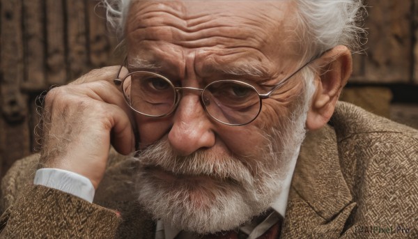 solo,looking at viewer,shirt,1boy,closed mouth,white shirt,upper body,white hair,grey hair,male focus,necktie,glasses,collared shirt,indoors,mole,blurry,blurry background,facial hair,formal,portrait,beard,black-framed eyewear,brown jacket,realistic,round eyewear,mustache,old,old man,wrinkled skin,long sleeves,jacket,red necktie,close-up,adjusting eyewear,bald