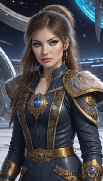 1girl,solo,long hair,breasts,looking at viewer,brown hair,long sleeves,brown eyes,jewelry,closed mouth,upper body,ponytail,earrings,belt,armor,lips,fur trim,makeup,lipstick,shoulder armor,star (sky),starry sky,freckles,science fiction,gold trim,hoop earrings,realistic,nose,red lips,space,planet,spacecraft,bangs,gloves,standing,artist name,bodysuit,gem