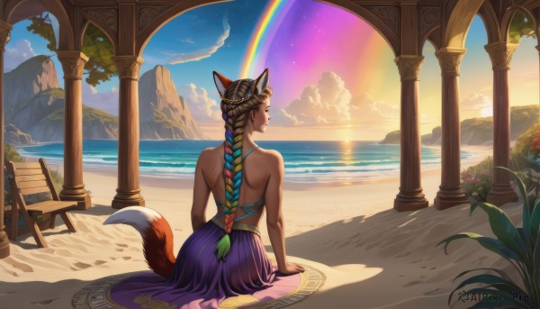 1girl,solo,long hair,skirt,brown hair,hair ornament,animal ears,bare shoulders,sitting,blue hair,tail,braid,flower,multicolored hair,outdoors,green hair,sky,day,cloud,dark skin,water,from behind,two-tone hair,dark-skinned female,tree,fox ears,single braid,gradient hair,fox tail,ocean,back,facial mark,looking away,beach,sunlight,plant,fox girl,star (sky),scenery,sunset,braided ponytail,sand,palm tree,horizon,bare back,bench,shoulder blades,rainbow,pillar,sunrise,column,blonde hair,dress,jewelry,very long hair,closed eyes,blue sky,profile,blue dress,shadow,bird,arm support,cloudy sky,red flower,purple dress,lens flare,purple skirt,mountain,backless outfit,sun,facing away,backless dress,twilight,waves,cliff,island,cactus