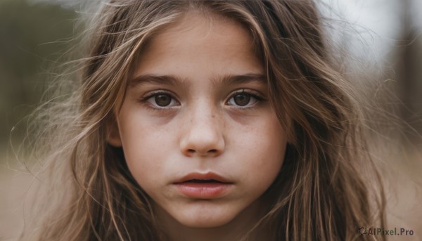 1girl,solo,long hair,looking at viewer,blonde hair,brown hair,brown eyes,parted lips,blurry,lips,eyelashes,blurry background,messy hair,portrait,close-up,freckles,realistic,nose,expressionless,straight-on