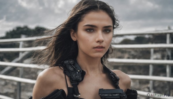 1girl,solo,long hair,brown hair,black hair,bare shoulders,brown eyes,upper body,outdoors,parted lips,sky,cloud,blurry,lips,depth of field,blurry background,looking away,cloudy sky,wind,freckles,science fiction,realistic,overcast,breasts,looking at viewer,weapon,gun,railing,earpiece