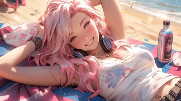 1girl,solo,long hair,breasts,looking at viewer,blush,smile,bangs,shirt,navel,brown eyes,jewelry,medium breasts,white shirt,upper body,pink hair,earrings,outdoors,lying,parted lips,teeth,day,midriff,belt,on back,armpits,water,necklace,grin,arms up,bracelet,lips,headphones,ocean,beach,sandals,sunlight,tank top,bottle,towel,arms behind head,buckle,watch,black belt,hoop earrings,belt buckle,sand,can,blanket,wristwatch,midriff peek,headphones around neck,shell,beach towel,cleavage,bare shoulders,sky,sleeveless,wet,see-through,grey eyes,sleeveless shirt,piercing,half-closed eyes,ear piercing,soda can