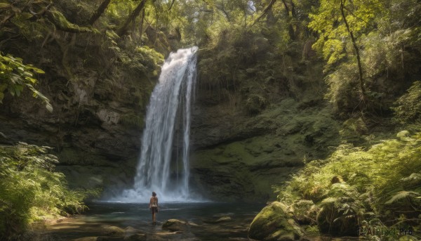 1girl, solo, outdoors, day, water, tree, nature, scenery, forest, waterfall