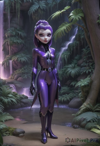 1girl,solo,long hair,breasts,looking at viewer,gloves,jewelry,closed mouth,standing,purple eyes,full body,ponytail,purple hair,earrings,small breasts,boots,outdoors,parted lips,shiny,belt,water,black footwear,high heels,tree,lips,bodysuit,makeup,colored skin,knee boots,plant,lipstick,nature,skin tight,eyeshadow,forest,high heel boots,shiny clothes,black belt,rock,red lips,purple footwear,waterfall,purple bodysuit,pond,leaf,nose