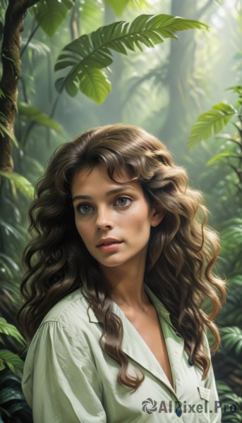 1girl,solo,long hair,looking at viewer,smile,blue eyes,brown hair,shirt,brown eyes,white shirt,upper body,outdoors,parted lips,day,blurry,tree,lips,grey eyes,buttons,leaf,wavy hair,sunlight,plant,nature,forest,freckles,curly hair,pocket,realistic,nose,dirty,jewelry,teeth,collared shirt,eyelashes,watermark,dappled sunlight