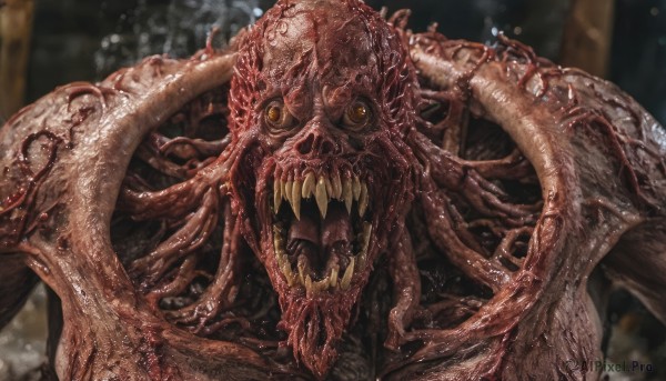 solo,looking at viewer,open mouth,yellow eyes,wings,teeth,blurry,no humans,blurry background,fangs,sharp teeth,tentacles,1other,monster,realistic,extra eyes,horror (theme),eldritch abomination,tongue,saliva,blood,veins,alien