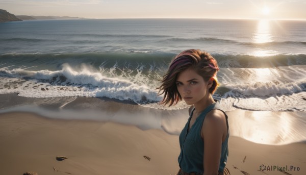 1girl,solo,looking at viewer,short hair,brown hair,shirt,bare shoulders,brown eyes,jewelry,closed mouth,upper body,multicolored hair,outdoors,sky,sleeveless,day,artist name,water,lips,sleeveless shirt,ocean,watermark,beach,sunlight,blue shirt,wind,scenery,web address,backlighting,sunset,realistic,nose,sand,sun,horizon,waves,shore,blue eyes,signature,footprints