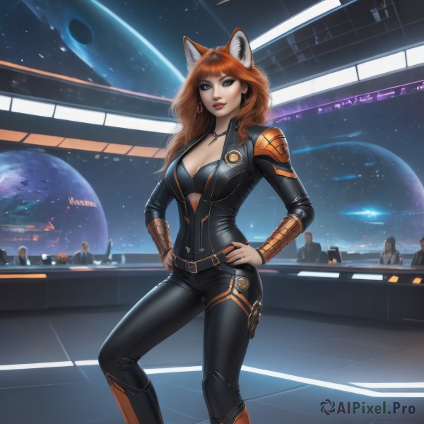 1girl,solo,long hair,breasts,looking at viewer,bangs,blue eyes,brown hair,animal ears,cleavage,brown eyes,jewelry,medium breasts,underwear,standing,earrings,parted lips,solo focus,belt,pants,cat ears,blunt bangs,necklace,bra,orange hair,armor,lips,fox ears,bodysuit,makeup,feet out of frame,wavy hair,lipstick,black bra,skin tight,zipper,science fiction,hands on hips,hoop earrings,black bodysuit,red lips,eyeliner,space,bracer,planet,earth (planet),red hair,fox girl,star (sky),realistic,open bodysuit