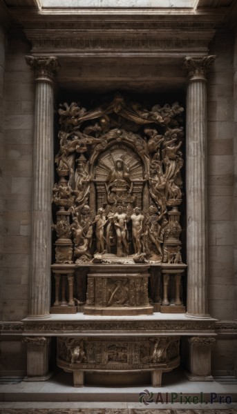 solo,monochrome,multiple boys,indoors,no humans,window,scenery,robe,stairs,architecture,sepia,pillar,statue,arch,column,sitting,sunlight,light rays,throne