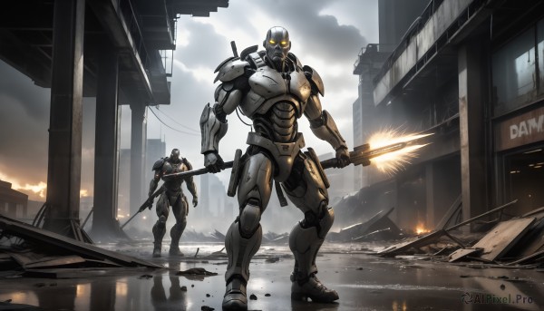 HQ,1girl,1boy,holding,standing,weapon,outdoors,multiple boys,sky,sword,cloud,2boys,holding weapon,armor,gun,glowing,holding sword,helmet,cloudy sky,robot,building,holding gun,mecha,rifle,reflection,science fiction,city,realistic,assault rifle,ruins,cyborg,power armor,power suit,yellow eyes,katana,glowing eyes,dual wielding,battle,energy sword,lightsaber