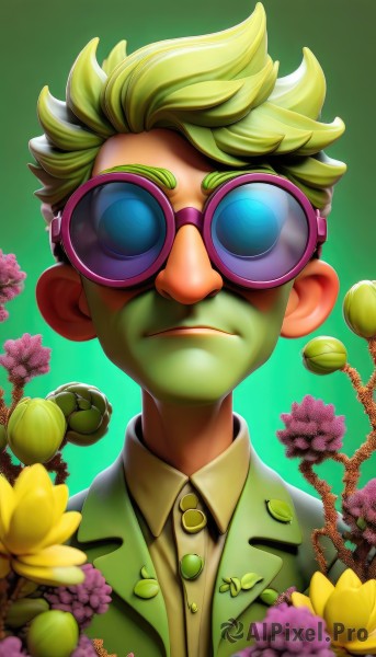 solo,looking at viewer,short hair,blue eyes,blonde hair,simple background,shirt,1boy,closed mouth,jacket,upper body,flower,male focus,green hair,glasses,collared shirt,artist name,gradient,gradient background,colored skin,leaf,formal,suit,plant,goggles,portrait,green background,green jacket,purple flower,green skin,tinted eyewear,green eyes,white shirt,dress shirt,sunglasses,pink flower,outline,yellow flower,green shirt,lapels