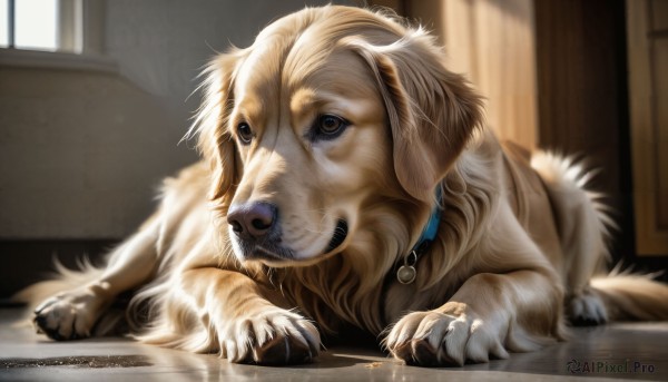 HQ,solo,brown eyes,lying,day,artist name,indoors,signature,blurry,collar,no humans,window,depth of field,animal,watermark,sunlight,on stomach,web address,dog,realistic,animal focus,blurry background,curtains,claws,animal collar,deviantart username