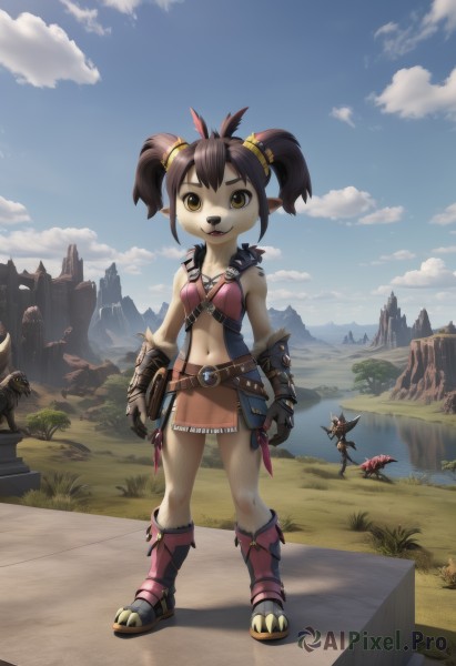 1girl,smile,short hair,open mouth,multiple girls,skirt,brown hair,hair ornament,gloves,navel,2girls,twintails,brown eyes,yellow eyes,weapon,boots,outdoors,sky,solo focus,day,pointy ears,midriff,belt,cloud,armor,grass,feathers,short twintails,gauntlets,mountain,fantasy,yordle,solo,looking at viewer,1boy,bare shoulders,standing,full body,bag,bird,fangs,claws,furry,furry female,furry male,fur