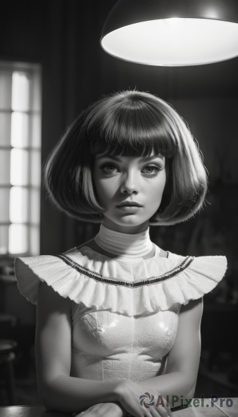 1girl,solo,breasts,looking at viewer,short hair,bangs,dress,jewelry,sitting,closed mouth,monochrome,upper body,greyscale,small breasts,frills,sleeveless,indoors,blurry,lips,eyelashes,window,depth of field,blurry background,watermark,table,bob cut,freckles,realistic,nose,artist name,blunt bangs,own hands together,lamp,pov across table