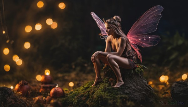 1girl,solo,long hair,breasts,bare shoulders,sitting,outdoors,wings,barefoot,pointy ears,hair bun,blurry,monster girl,nature,forest,fairy wings,fairy,mushroom,butterfly wings,pink hair,nude,tree,depth of field,grass,halloween,jack-o'-lantern,dark,pumpkin,tree stump