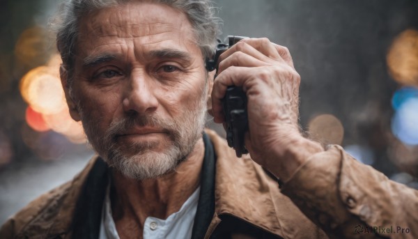 solo,looking at viewer,shirt,1boy,holding,closed mouth,jacket,white shirt,upper body,weapon,white hair,grey hair,male focus,hand up,holding weapon,blurry,black eyes,gun,depth of field,blurry background,facial hair,phone,cellphone,portrait,holding gun,beard,handgun,veins,holding phone,brown jacket,realistic,mustache,manly,old,brown coat,old man,bokeh,talking on phone,wrinkled skin,long sleeves,collared shirt,coat,scar,scar on face,lens flare