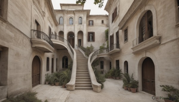 outdoors,day,tree,no humans,window,plant,building,scenery,stairs,door,railing,potted plant,bush,house,arch,balcony,sky,architecture,pillar